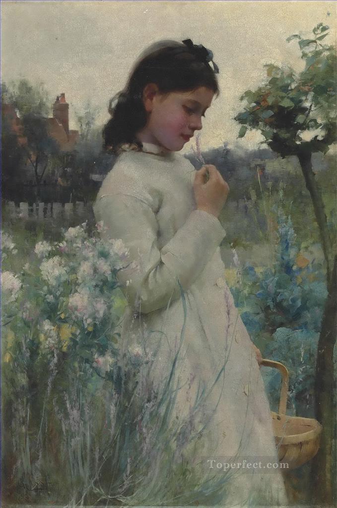 Una joven en un jardín Alfred Glendening JR bella mujer dama Pintura al óleo